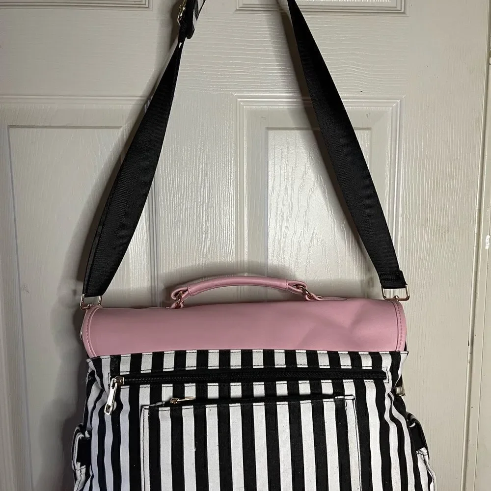 Lovevook laptop  shoulder bag Black & white stripes canvas,pink faux leather
